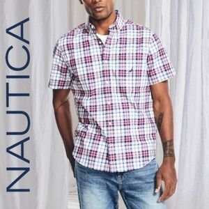 NWT NAUTICA Men's Classic/Stretch Fit Short Sleeve Plaid Button Down Shirt/LG